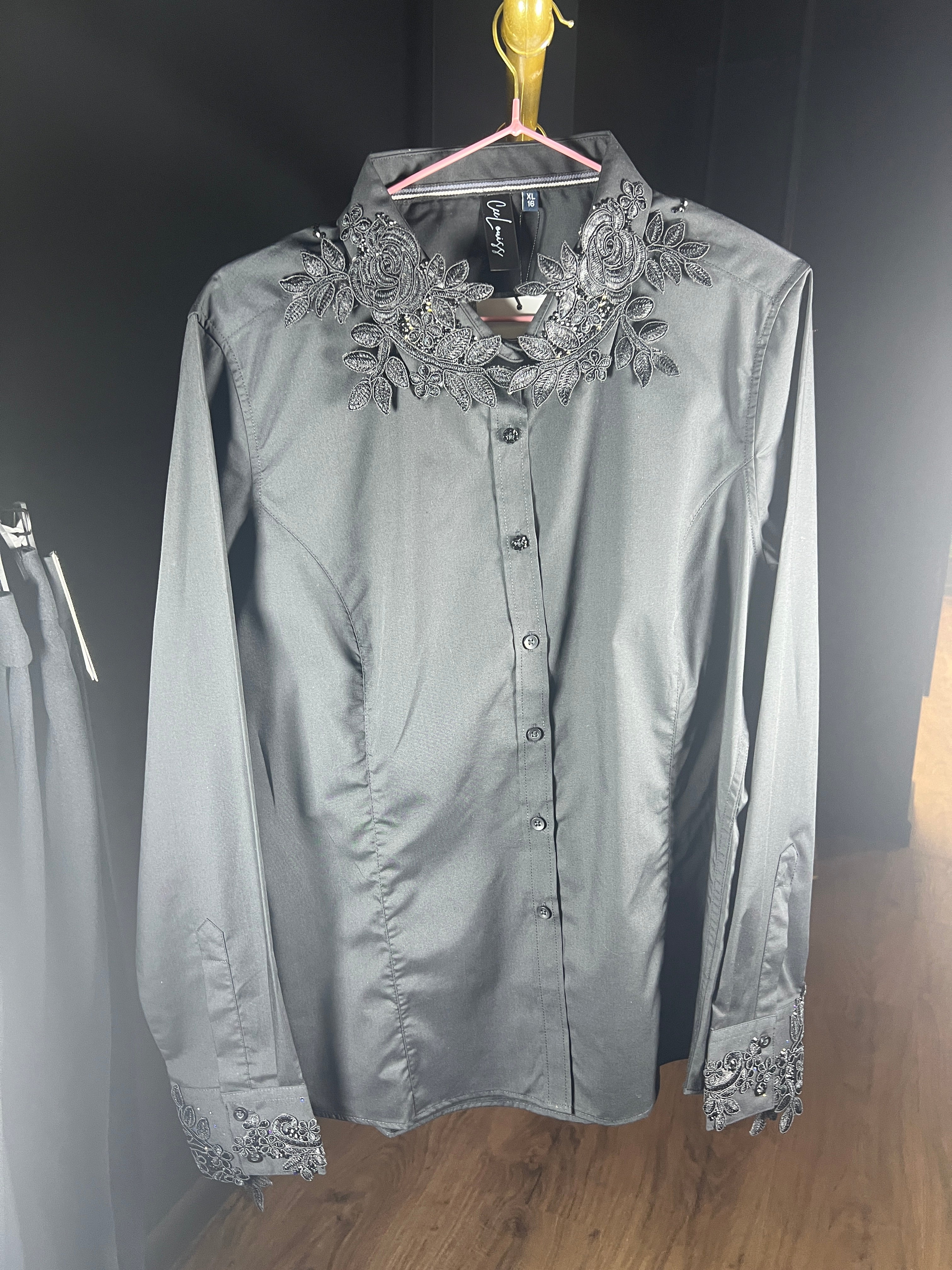Black appliqué crystal shirt