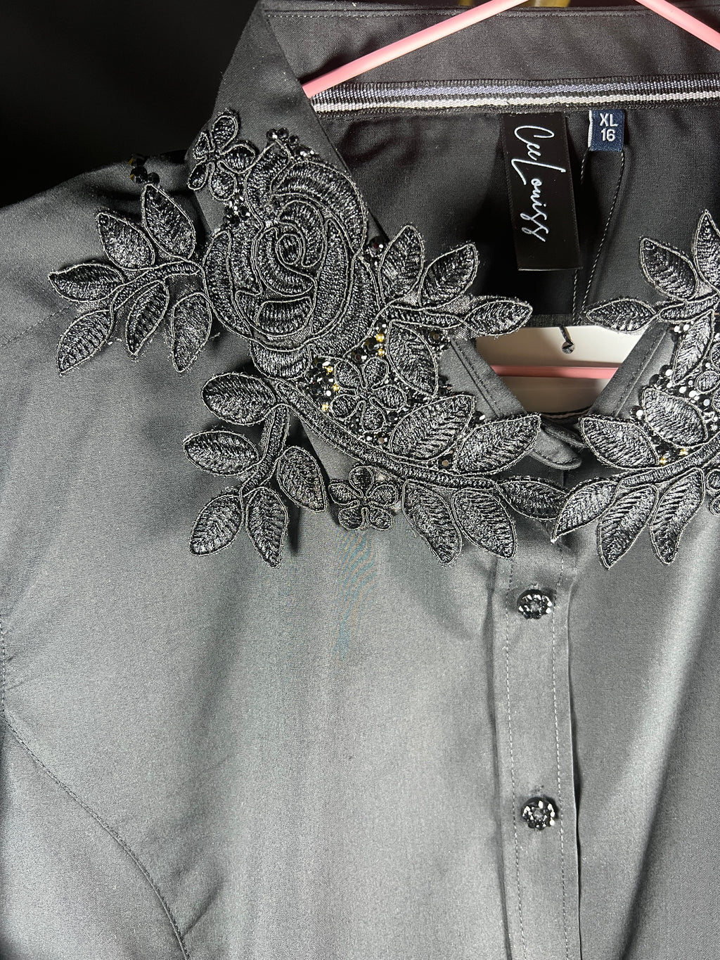 Black appliqué crystal shirt