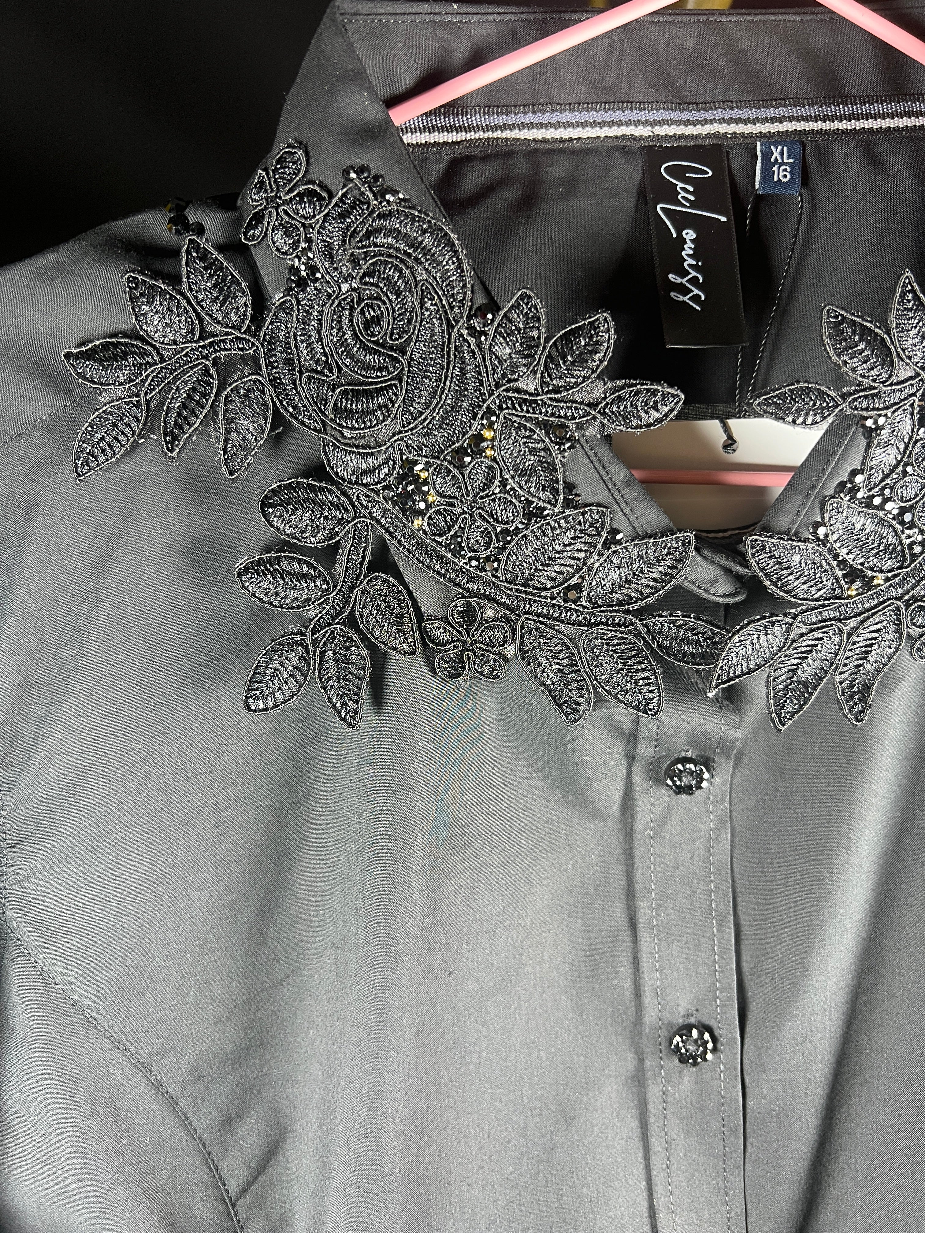 Black appliqué crystal shirt